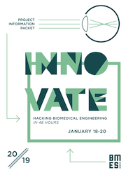 The word "innovate" written in green lettering with an eyeball on the top right for the eye-related theme and 2019 in the bottom left for the date.